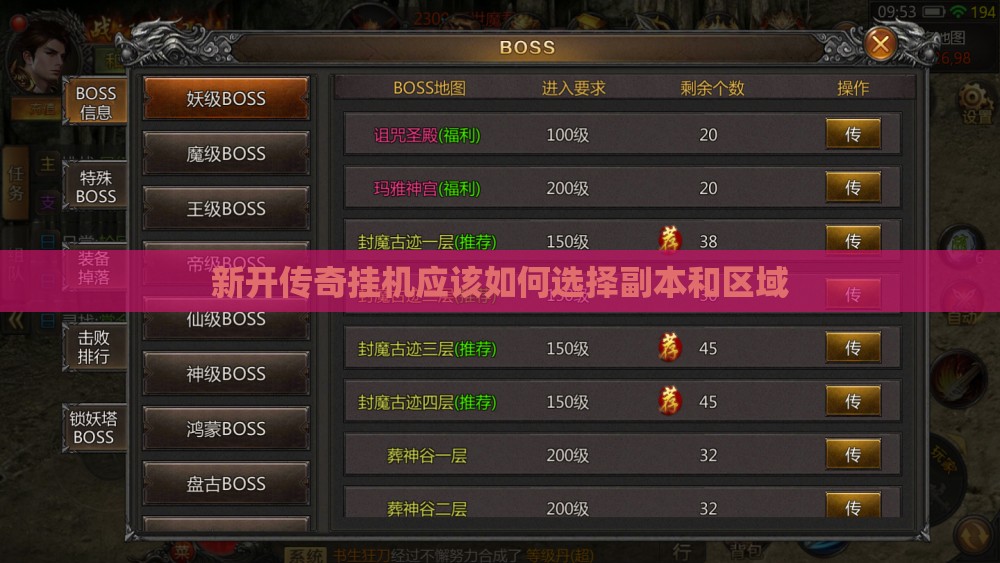 新开传奇挂机应该如何选择副本和区域