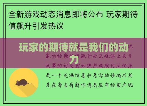 玩家的期待就是我们的动力